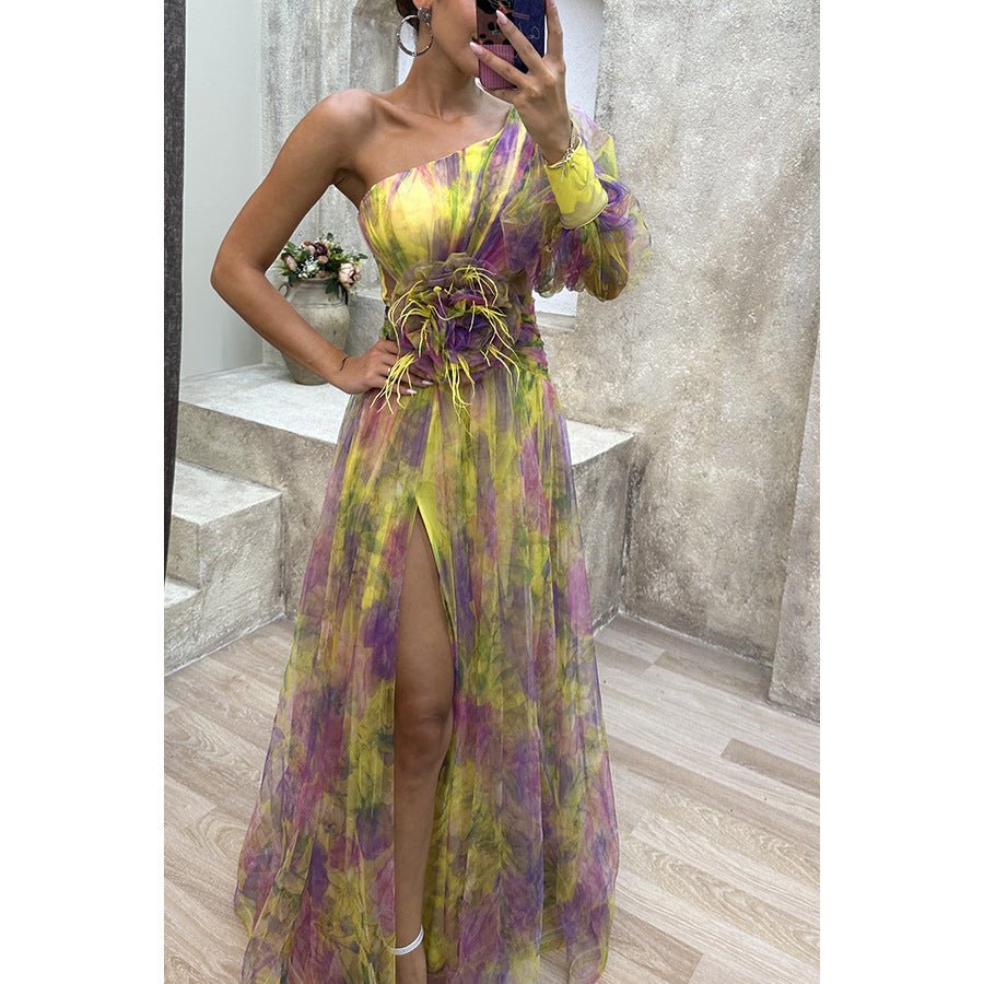 Crowned Energy CO. Yellow / L Goddess Vibes Dresses Mesh Tie-dye Printed Off-shoulder Slit Dress Summer INS Fashion Long Dress Party Womens Clothing