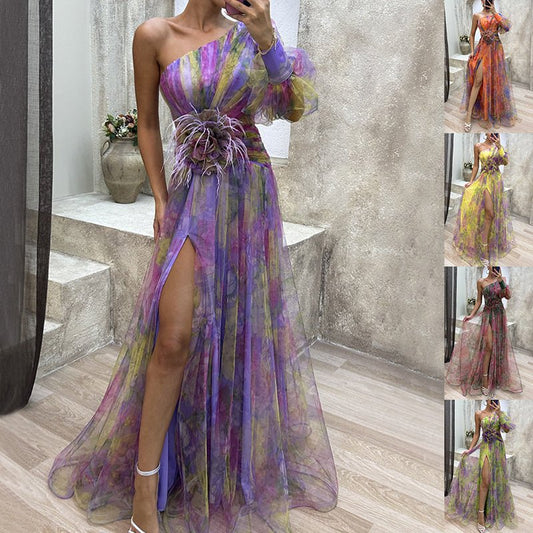 Crowned Energy CO. Green / L Goddess Vibes Dresses Mesh Tie-dye Printed Off-shoulder Slit Dress Summer INS Fashion Long Dress Party Womens Clothing