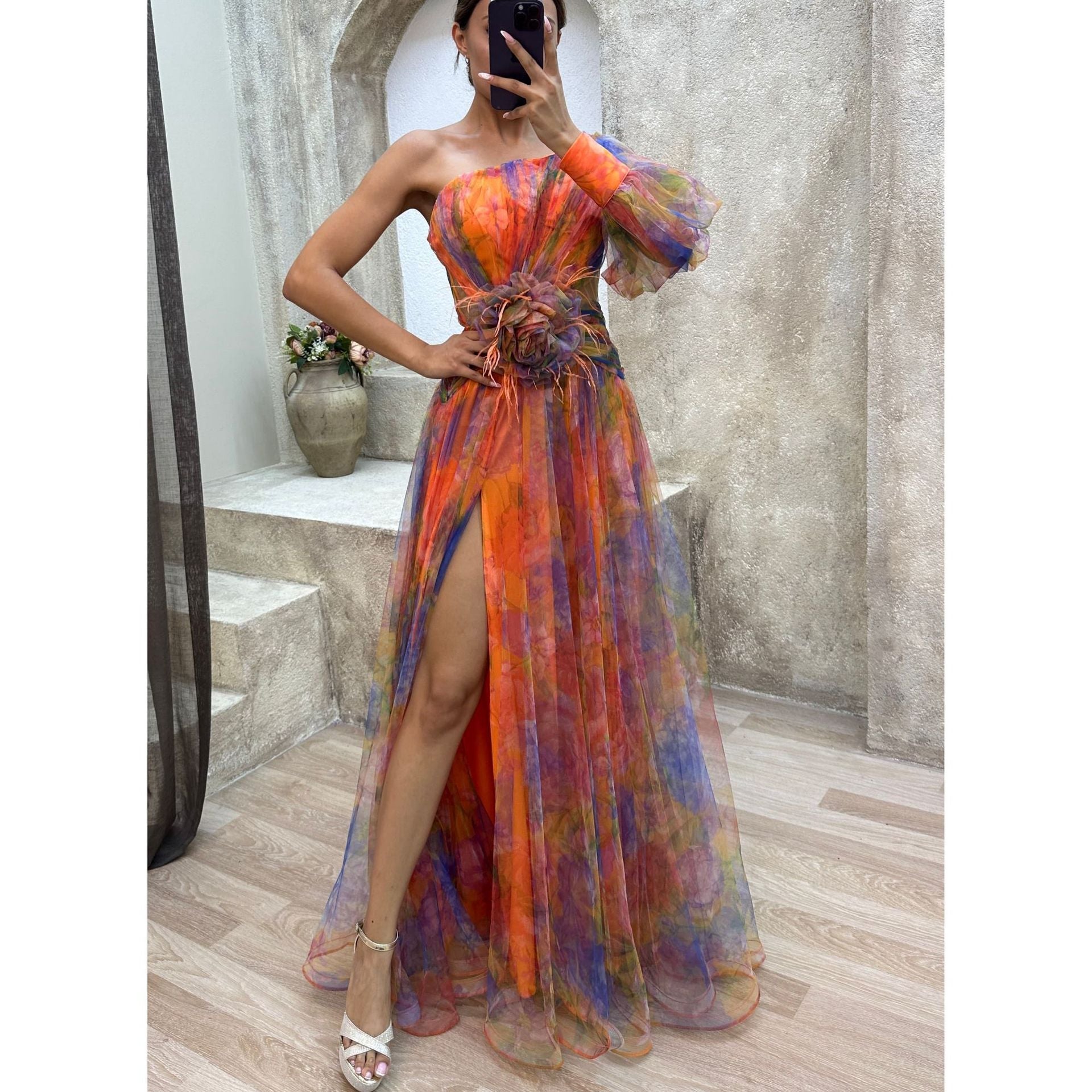 Crowned Energy CO. Orange / L Goddess Vibes Dresses Mesh Tie-dye Printed Off-shoulder Slit Dress Summer INS Fashion Long Dress Party Womens Clothing