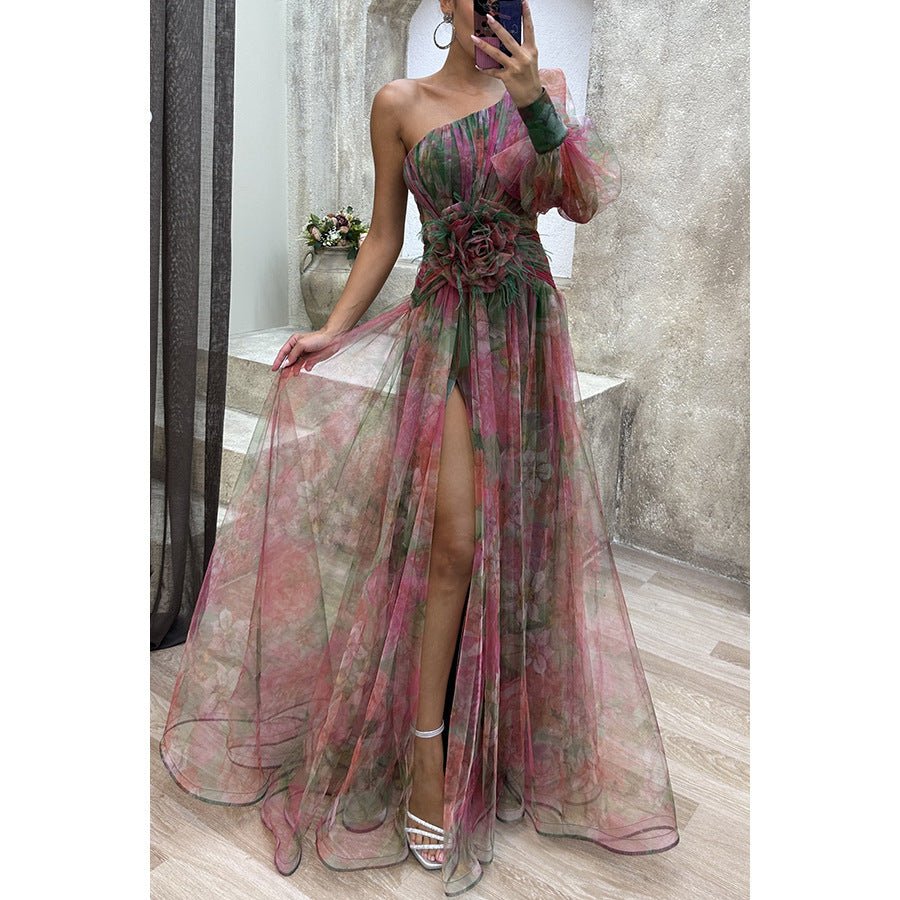 Crowned Energy CO. Red / L Goddess Vibes Dresses Mesh Tie-dye Printed Off-shoulder Slit Dress Summer INS Fashion Long Dress Party Womens Clothing