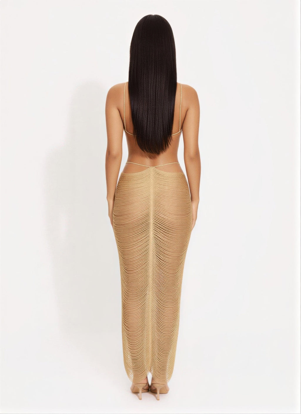 Metallic Cut Open Back Maxi Dress - Crowned Energy CO.