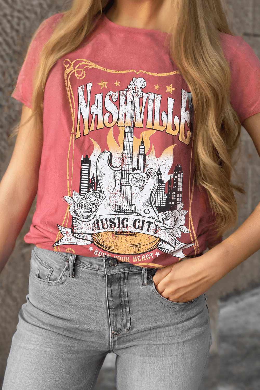 Mineral Red Nashville Music City Graphic Retro Fashion Tee - Crowned Energy CO.
