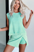 Crowned Energy CO. Mint Green / S / 100%Cotton Dear-Lover Dropshipping Two Piece Sets/Two Piece Dresses Mint Green 2 Pieces Mineral Wash Cotton Tank Top Lined Split Skirt Set