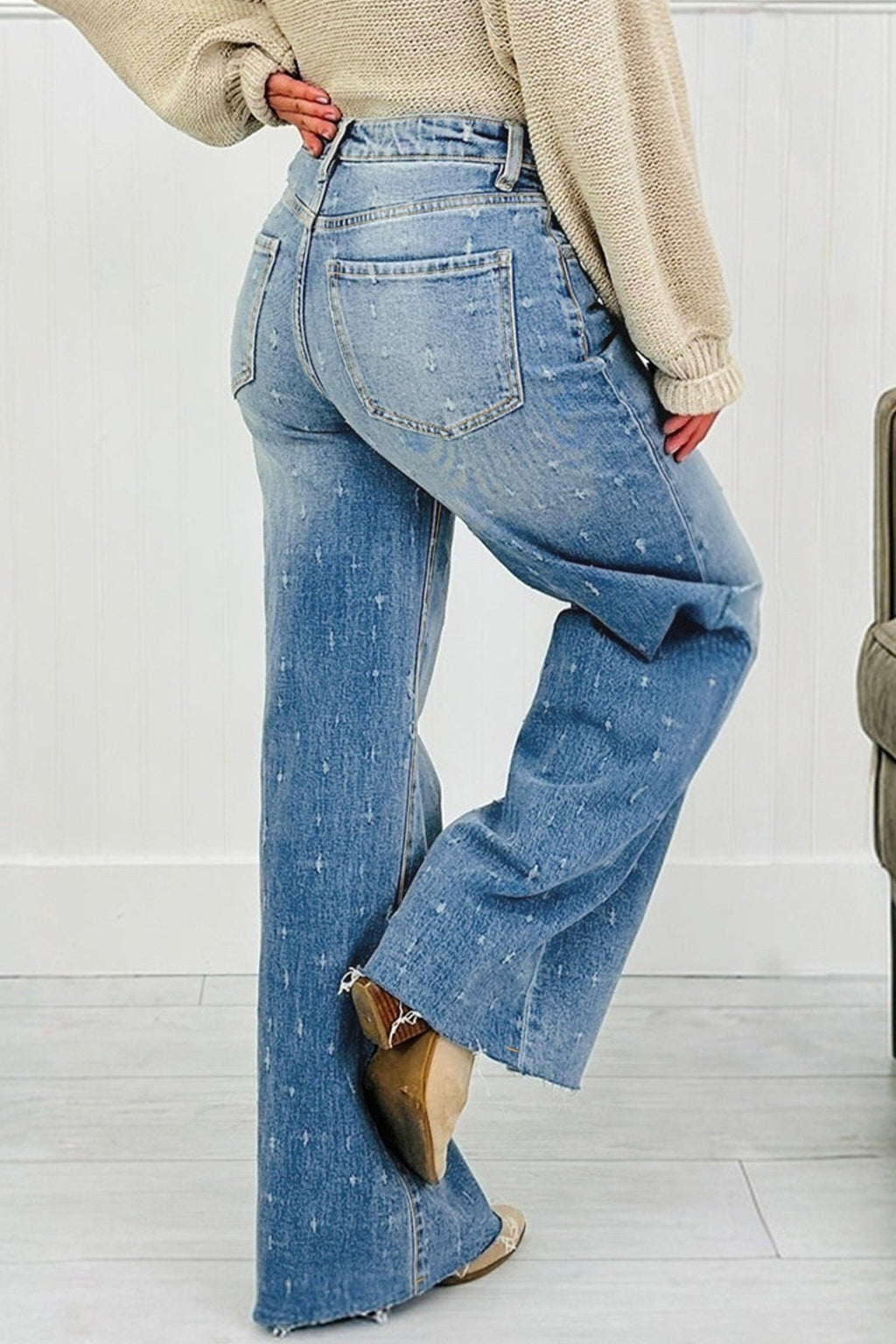 Mist Blue Distressed Detail Tummy Control Raw Hem Jeans - Crowned Energy CO.