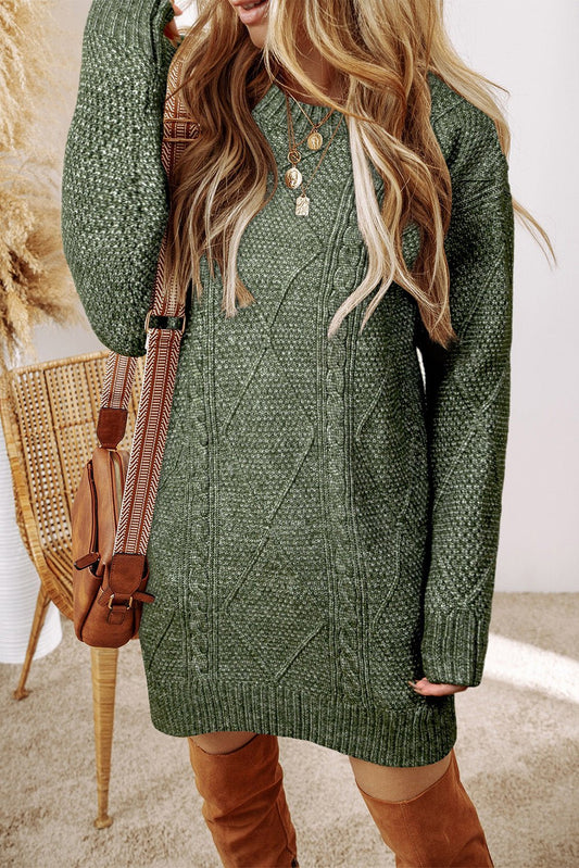 Crowned Energy CO. Mist Green / S / 100%Polyester Dear-Lover Dropshipping Sweaters & Cardigans/Sweater Dresses Mist Green Cable Knit Drop Shoulder Loose Fit Sweater Dress