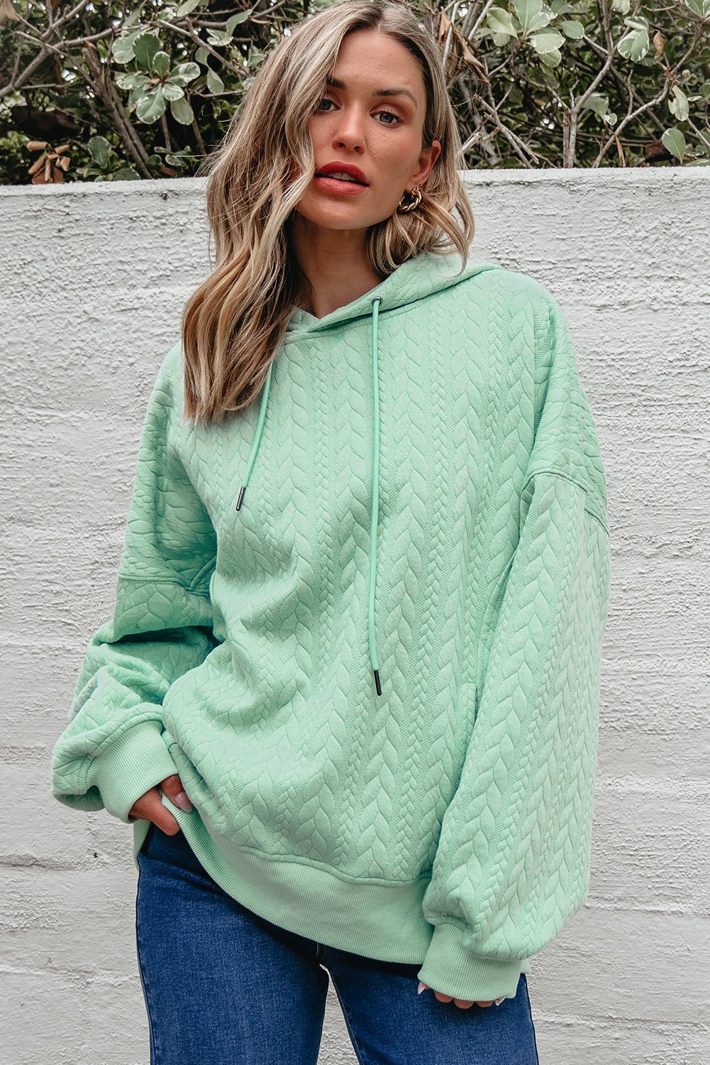 Moonlight Jade Cable Textured Baggy Solid Hoodie - Crowned Energy CO.