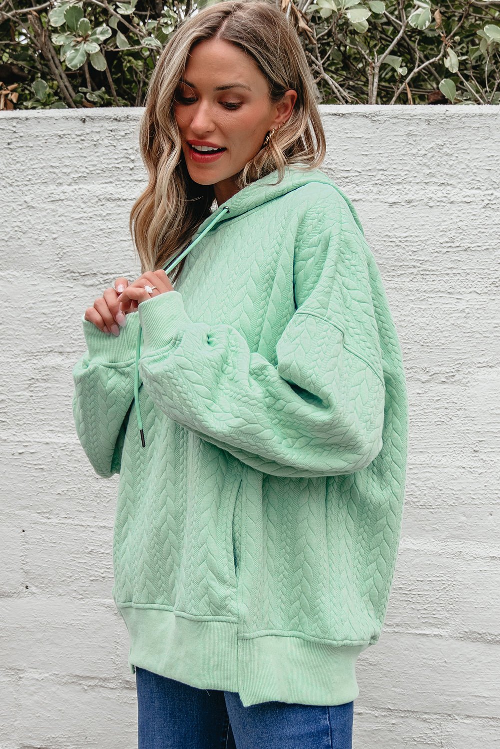 Moonlight Jade Cable Textured Baggy Solid Hoodie - Crowned Energy CO.