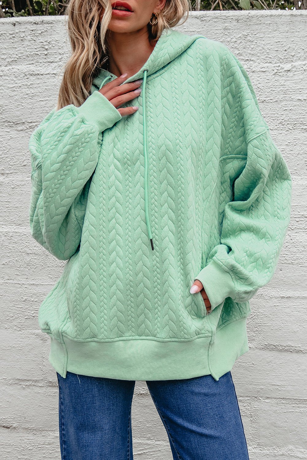 Moonlight Jade Cable Textured Baggy Solid Hoodie - Crowned Energy CO.