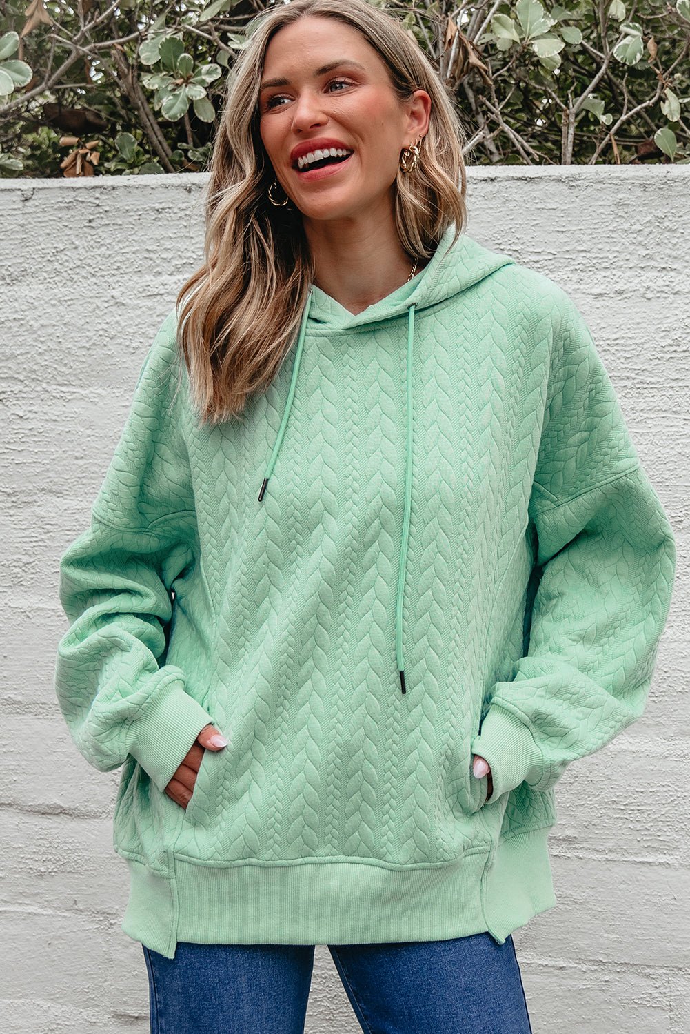 Moonlight Jade Cable Textured Baggy Solid Hoodie - Crowned Energy CO.