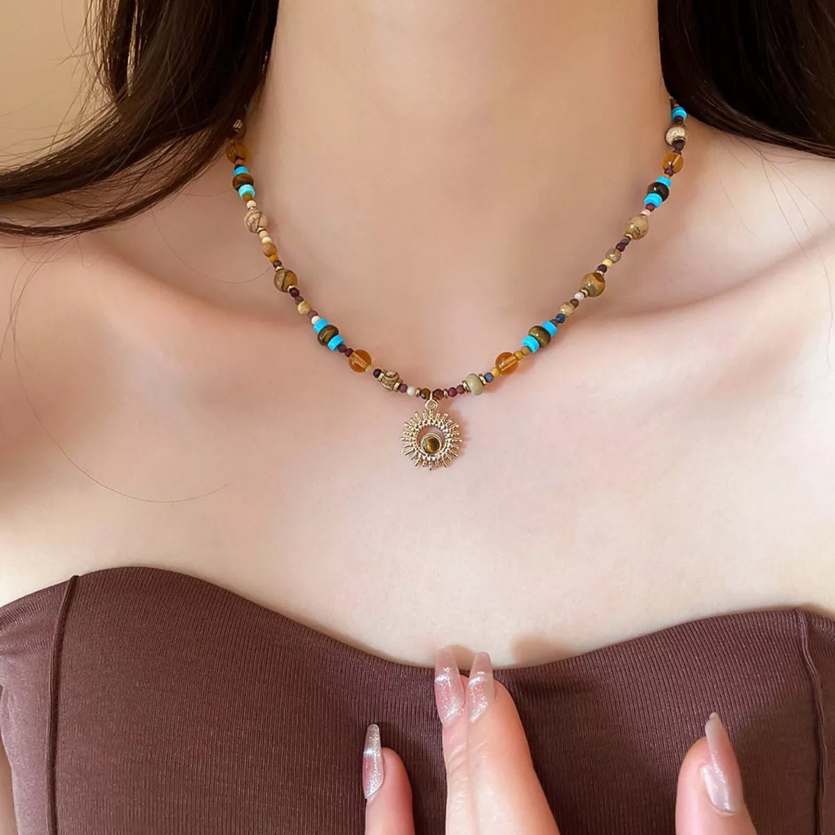 Crowned Energy CO. Multicolor / onesize Trendsi Accessories Multi-Color Beaded Sunflower Pendant Necklace