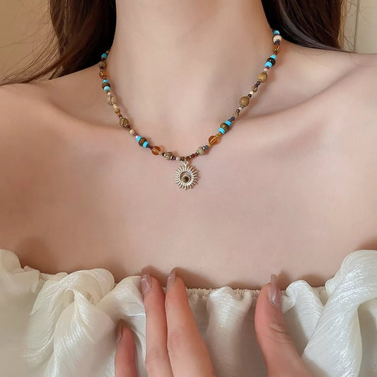 Crowned Energy CO. Multicolor / onesize Trendsi Accessories Multi-Color Beaded Sunflower Pendant Necklace