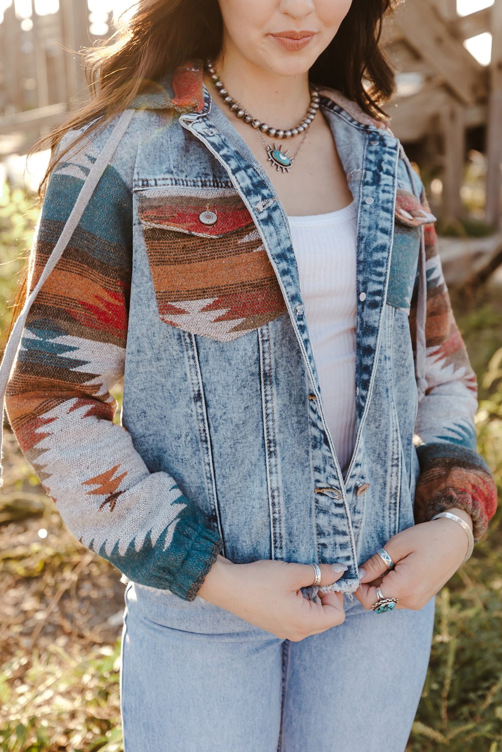 Crowned Energy CO. Multicolor / S / 75%Cotton+25%Polyester Dear-Lover Dropshipping Outerwear/Denim jackets Multicolor Aztec Print Frayed Hem Denim Jacket
