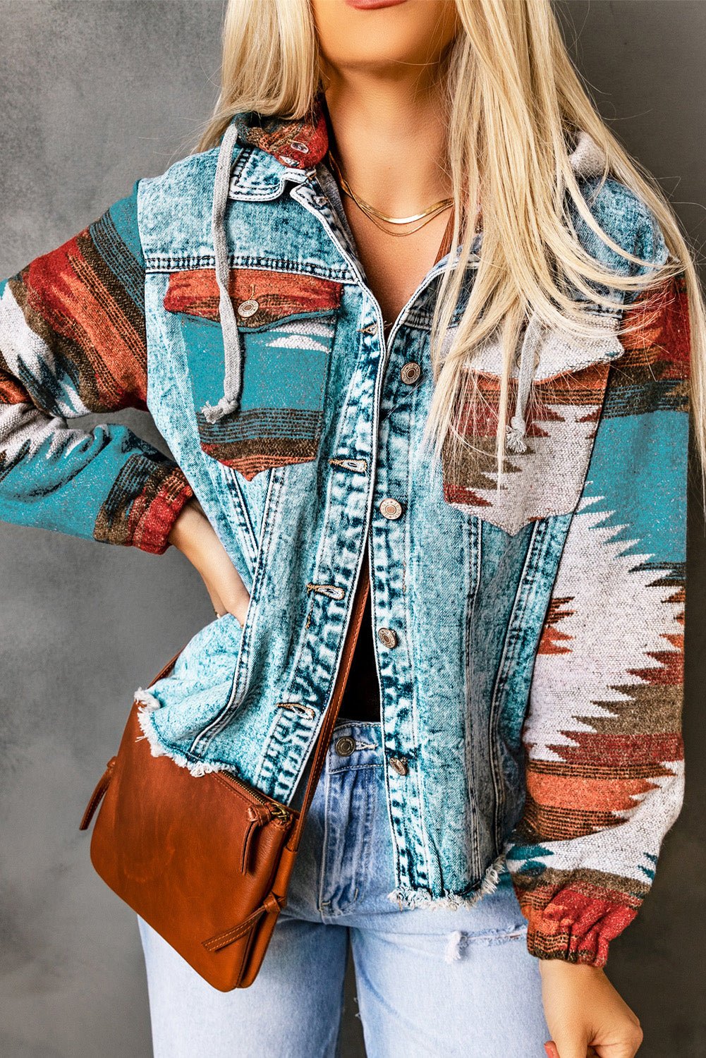 Crowned Energy CO. Multicolor / S / 75%Cotton+25%Polyester Dear-Lover Dropshipping Outerwear/Denim jackets Multicolor Aztec Print Frayed Hem Denim Jacket