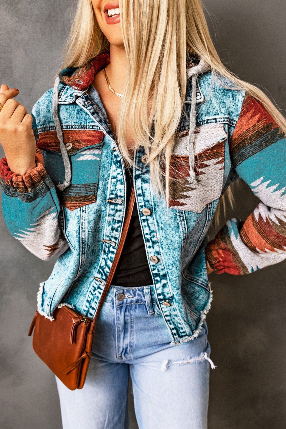 Crowned Energy CO. Multicolor / S / 75%Cotton+25%Polyester Dear-Lover Dropshipping Outerwear/Denim jackets Multicolor Aztec Print Frayed Hem Denim Jacket
