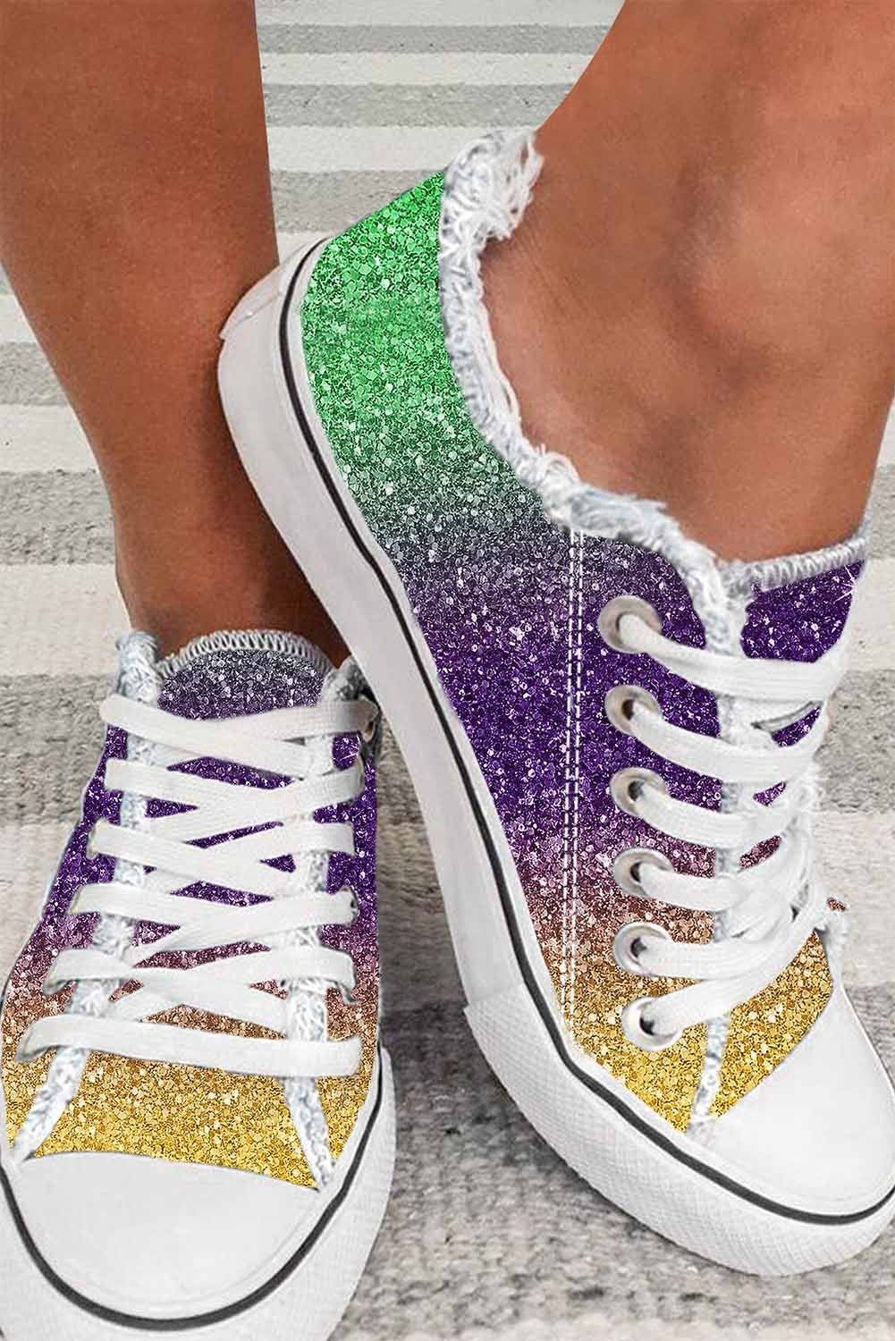 Multicolor Shiny Gradient Raw Hem Lace - up Flat Canvas Shoes - Crowned Energy CO.