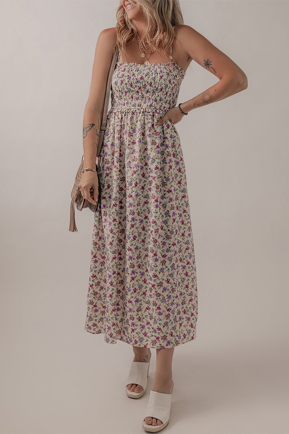 Multicolour Bohemian Ditsy Floral Smocked Fit Flare Sundress - Crowned Energy CO.