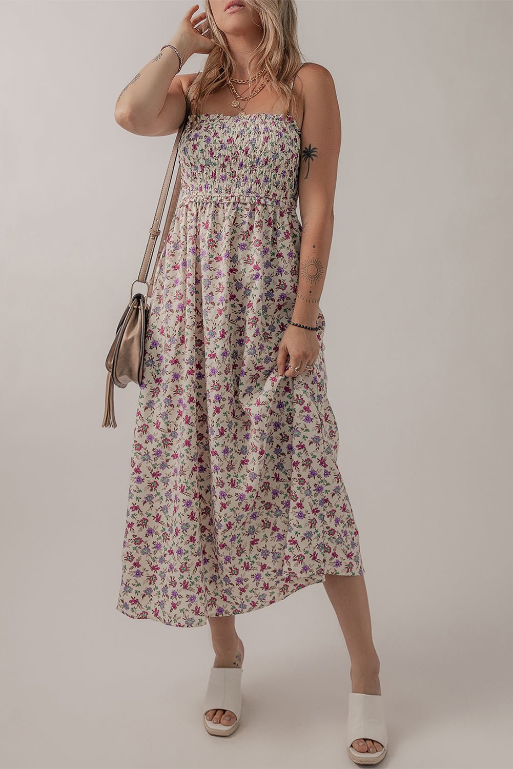 Multicolour Bohemian Ditsy Floral Smocked Fit Flare Sundress - Crowned Energy CO.