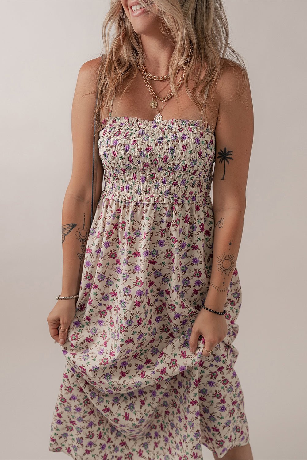 Multicolour Bohemian Ditsy Floral Smocked Fit Flare Sundress - Crowned Energy CO.