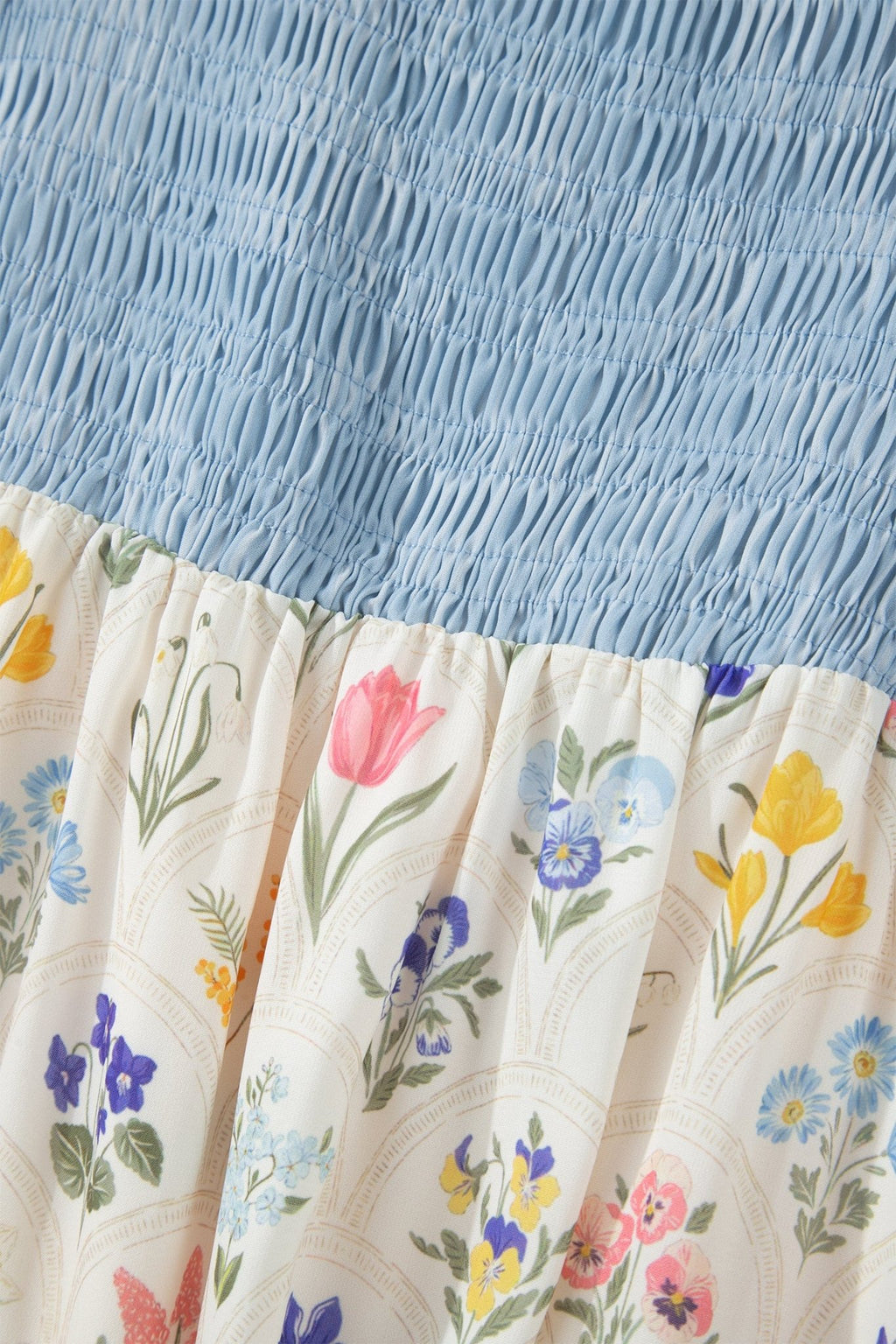 Multicolour Floral Print Striped Color Block Patchwork Square Neck Shirred Long Dress - Crowned Energy CO.