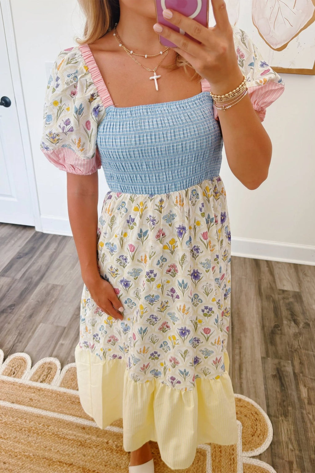 Multicolour Floral Print Striped Color Block Patchwork Square Neck Shirred Long Dress - Crowned Energy CO.