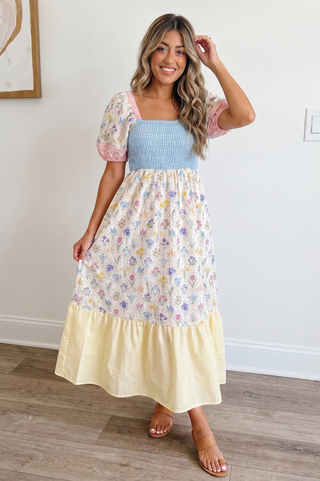 Multicolour Floral Print Striped Color Block Patchwork Square Neck Shirred Long Dress - Crowned Energy CO.