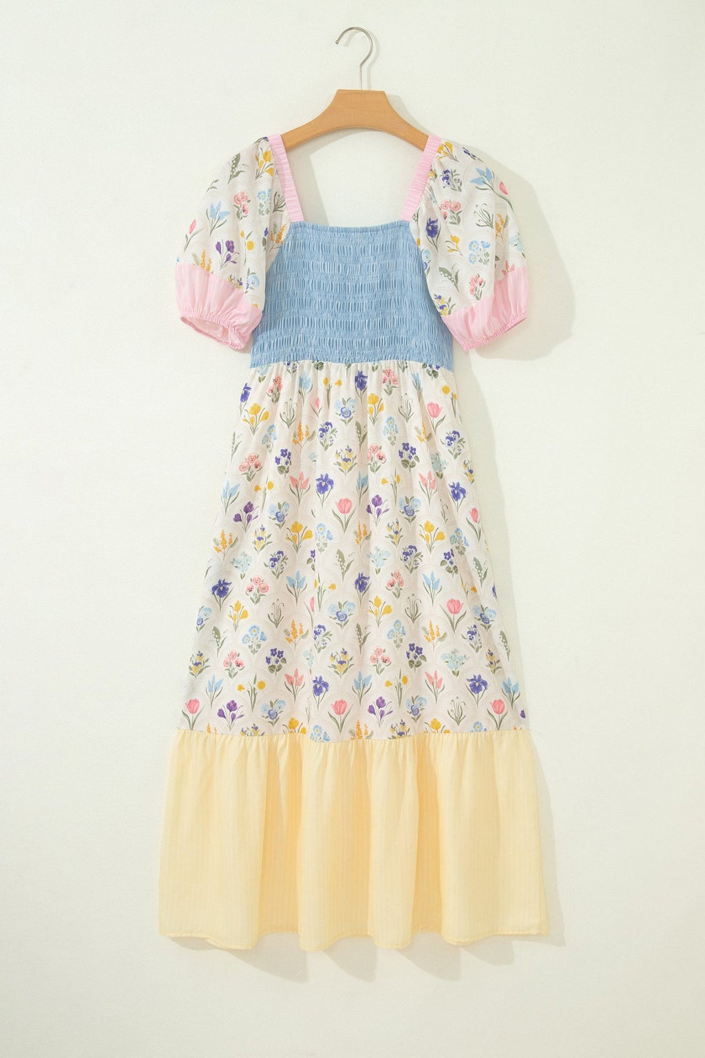 Multicolour Floral Print Striped Color Block Patchwork Square Neck Shirred Long Dress - Crowned Energy CO.
