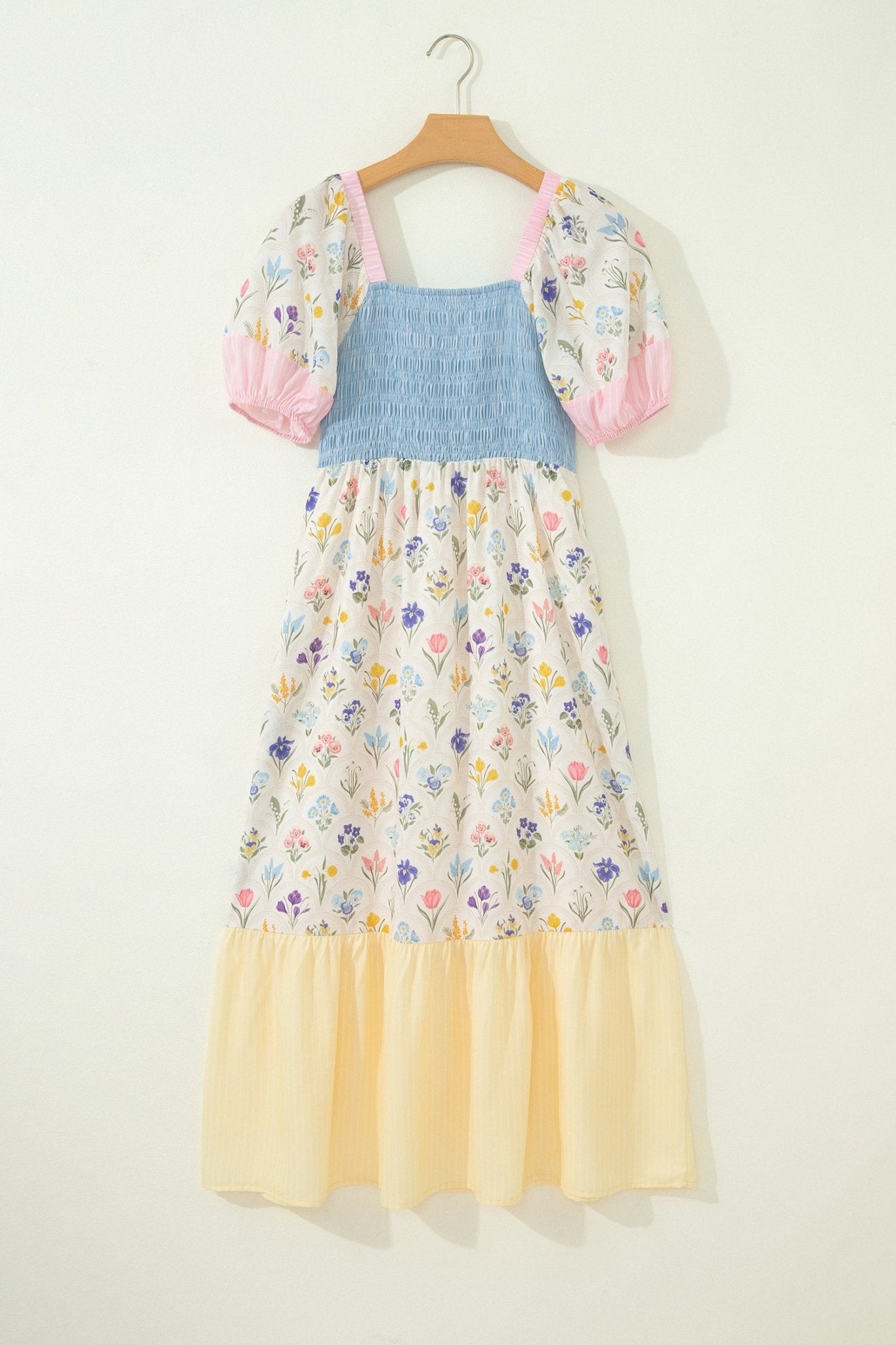 Multicolour Floral Print Striped Color Block Patchwork Square Neck Shirred Long Dress - Crowned Energy CO.