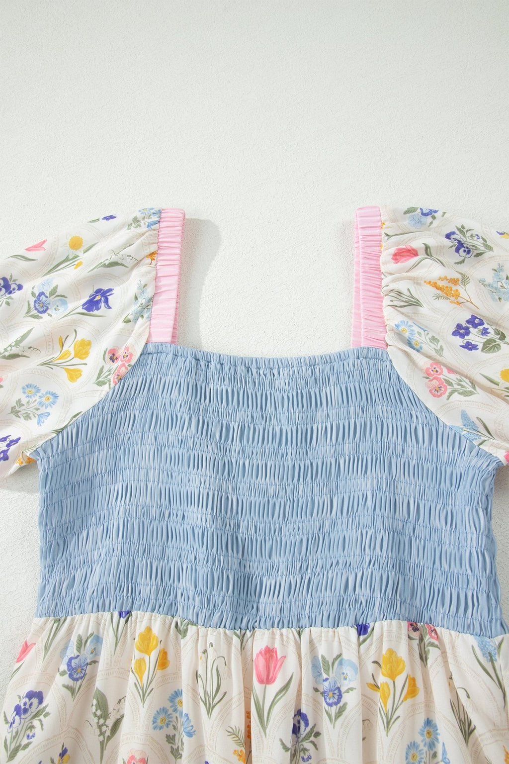Multicolour Floral Print Striped Color Block Patchwork Square Neck Shirred Long Dress - Crowned Energy CO.