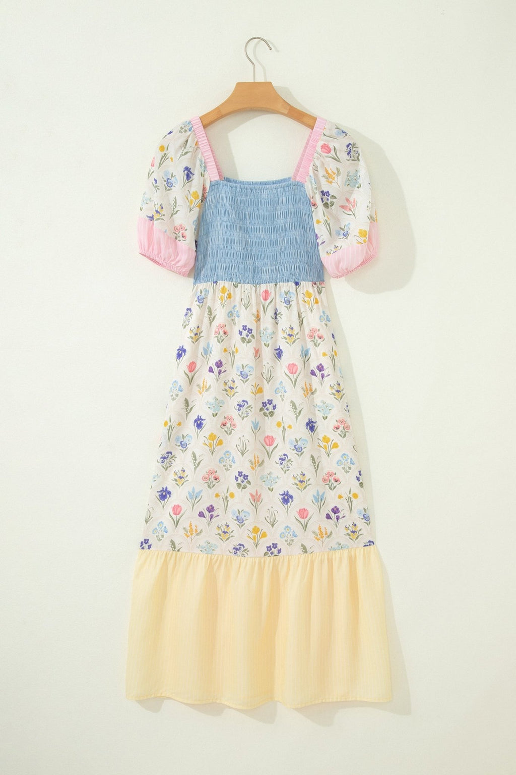 Multicolour Floral Print Striped Color Block Patchwork Square Neck Shirred Long Dress - Crowned Energy CO.