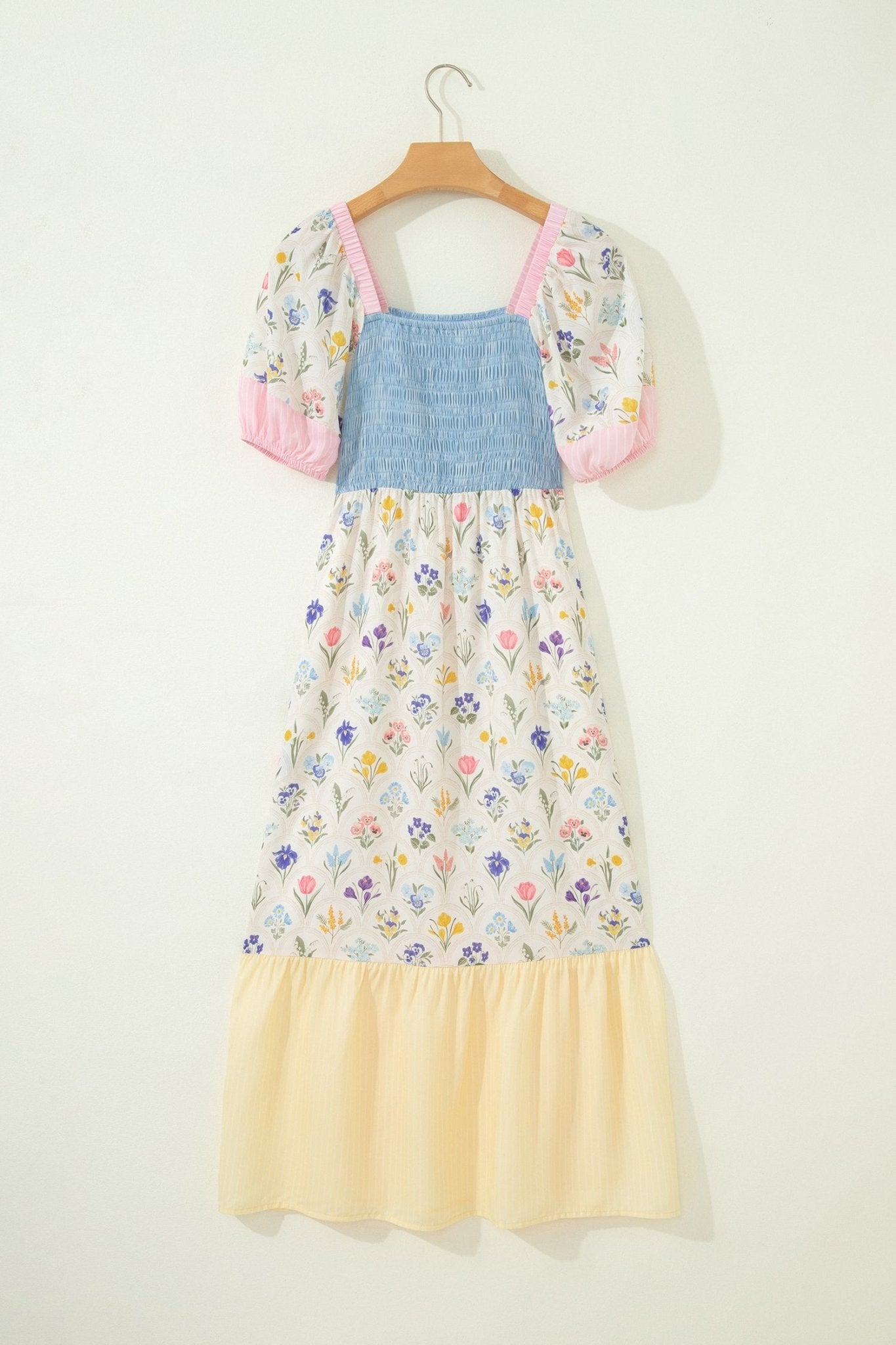 Multicolour Floral Print Striped Color Block Patchwork Square Neck Shirred Long Dress - Crowned Energy CO.