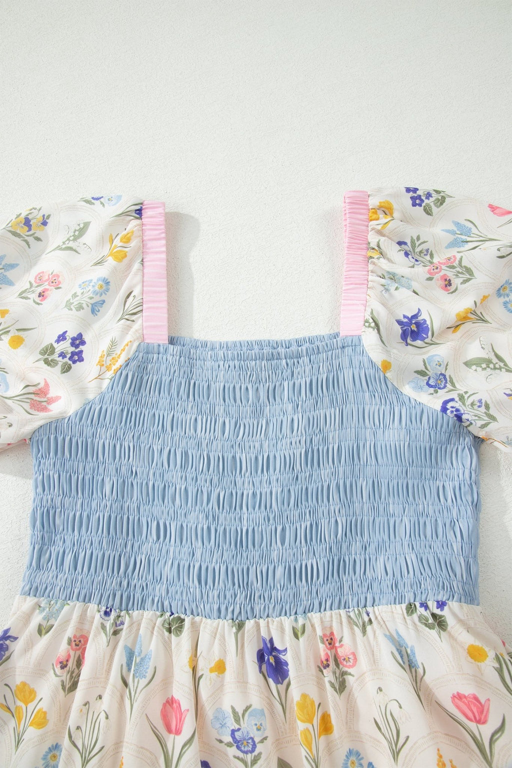 Multicolour Floral Print Striped Color Block Patchwork Square Neck Shirred Long Dress - Crowned Energy CO.