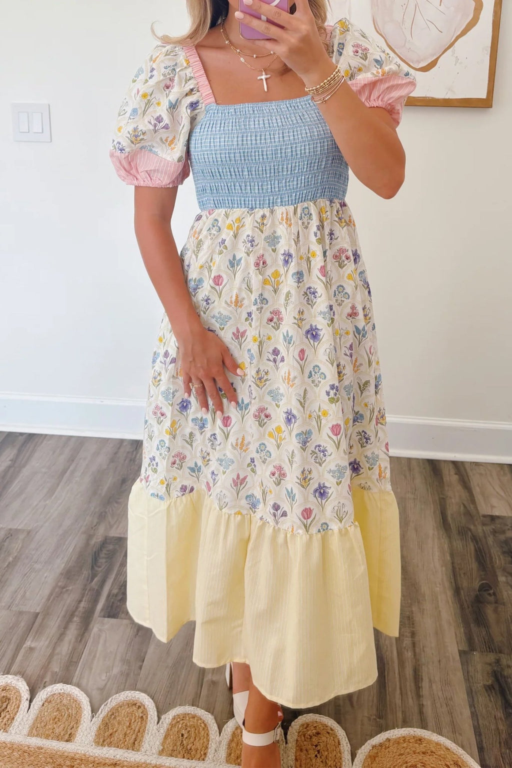 Multicolour Floral Print Striped Color Block Patchwork Square Neck Shirred Long Dress - Crowned Energy CO.