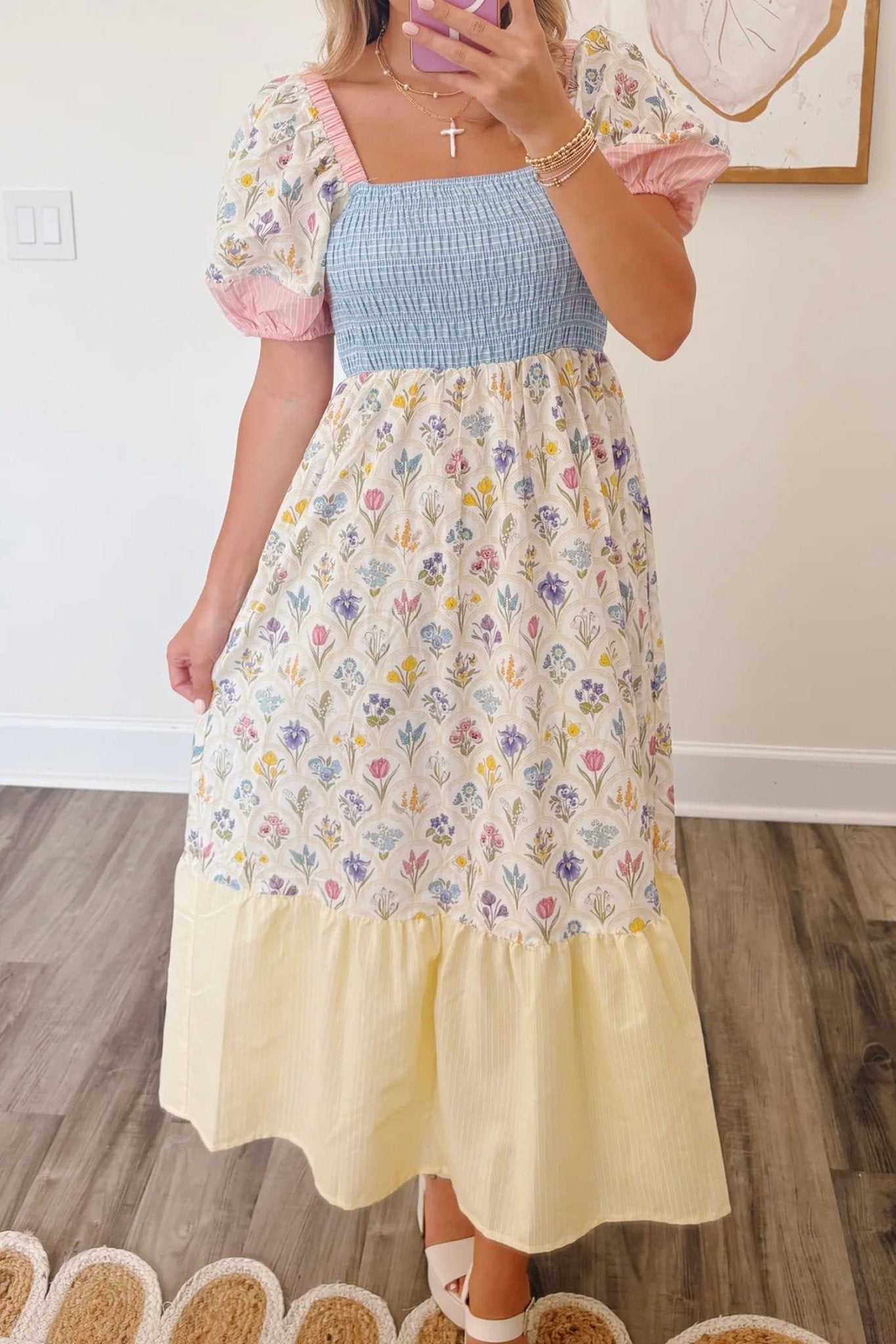 Multicolour Floral Print Striped Color Block Patchwork Square Neck Shirred Long Dress - Crowned Energy CO.