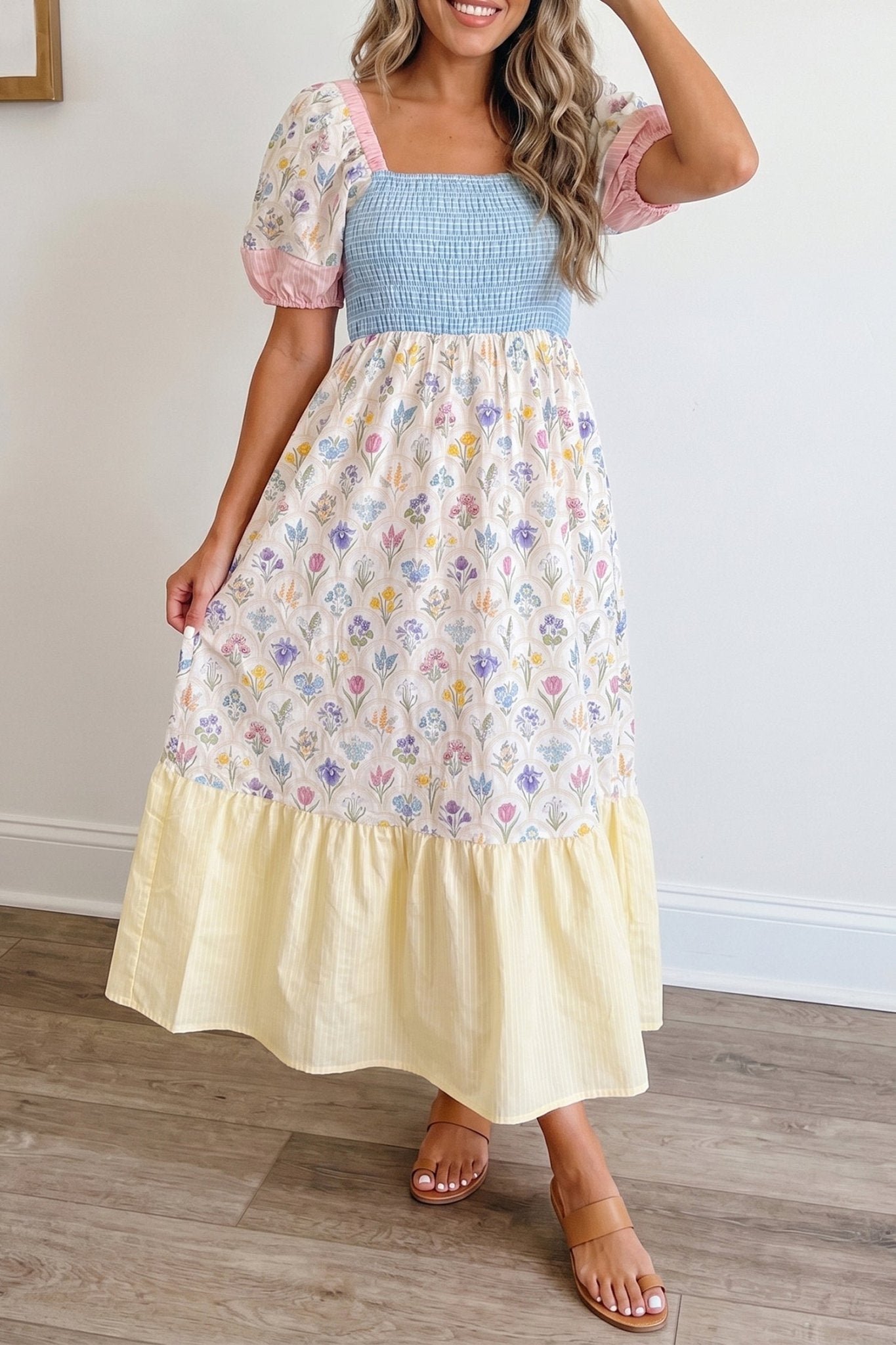 Multicolour Floral Print Striped Color Block Patchwork Square Neck Shirred Long Dress - Crowned Energy CO.