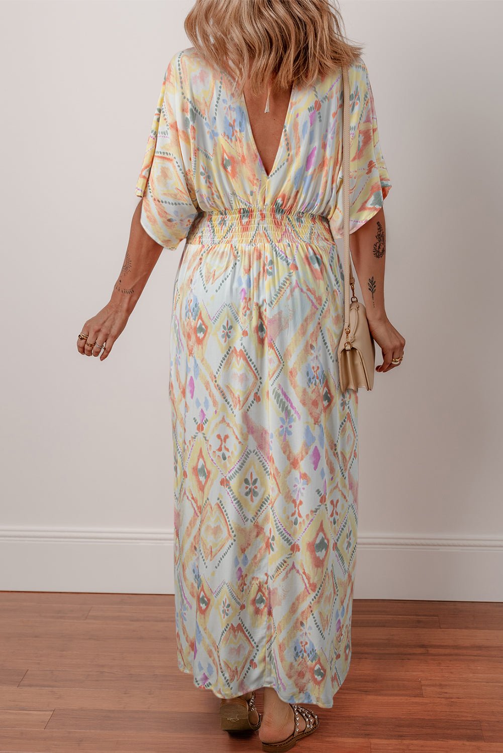 Multicolour Geometric Print Half Sleeve Shirred High Waist Maxi Dress - Crowned Energy CO.