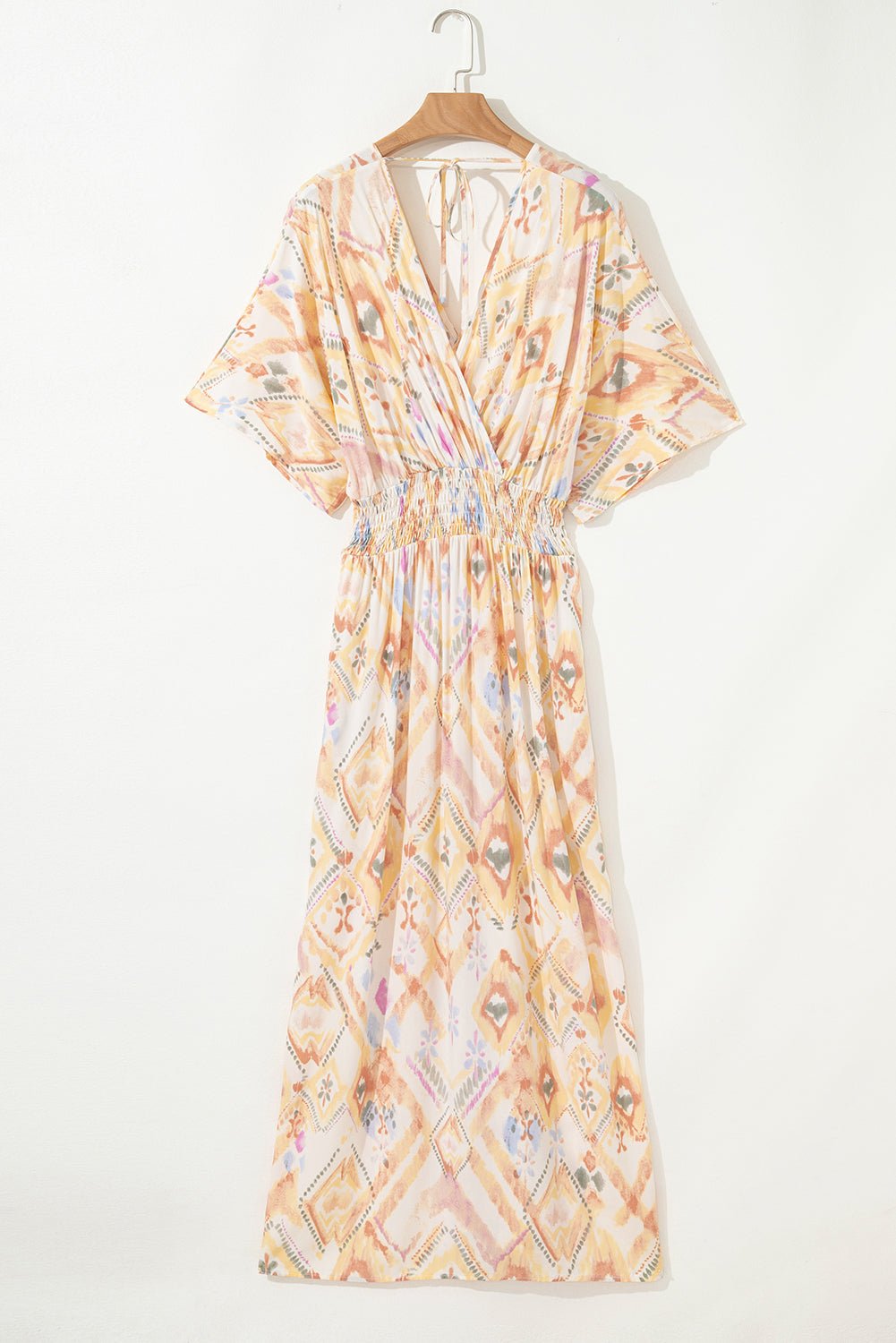 Multicolour Geometric Print Half Sleeve Shirred High Waist Maxi Dress - Crowned Energy CO.