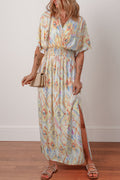 Multicolour Geometric Print Half Sleeve Shirred High Waist Maxi Dress - Crowned Energy CO.
