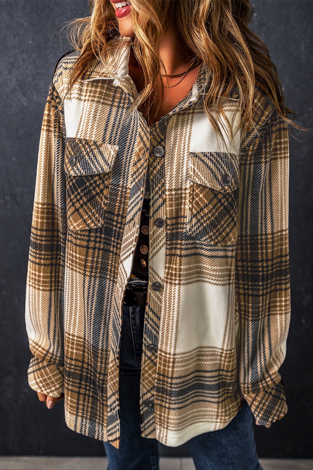 Multicolour Plaid Print Flap Pocket Button Up Shacket - Crowned Energy CO.