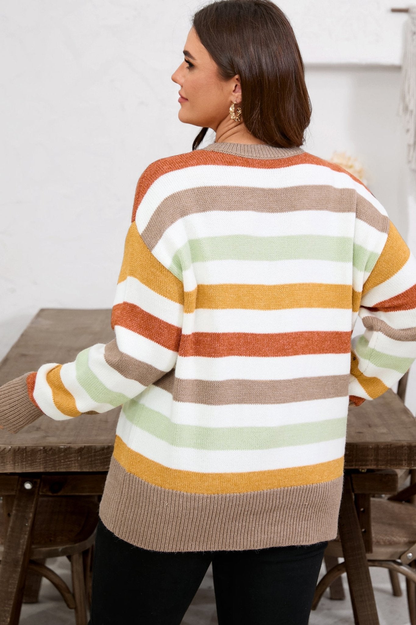 Multicolour Striped Colorblock Drop Shoulder Plus Size Sweater - Crowned Energy CO.