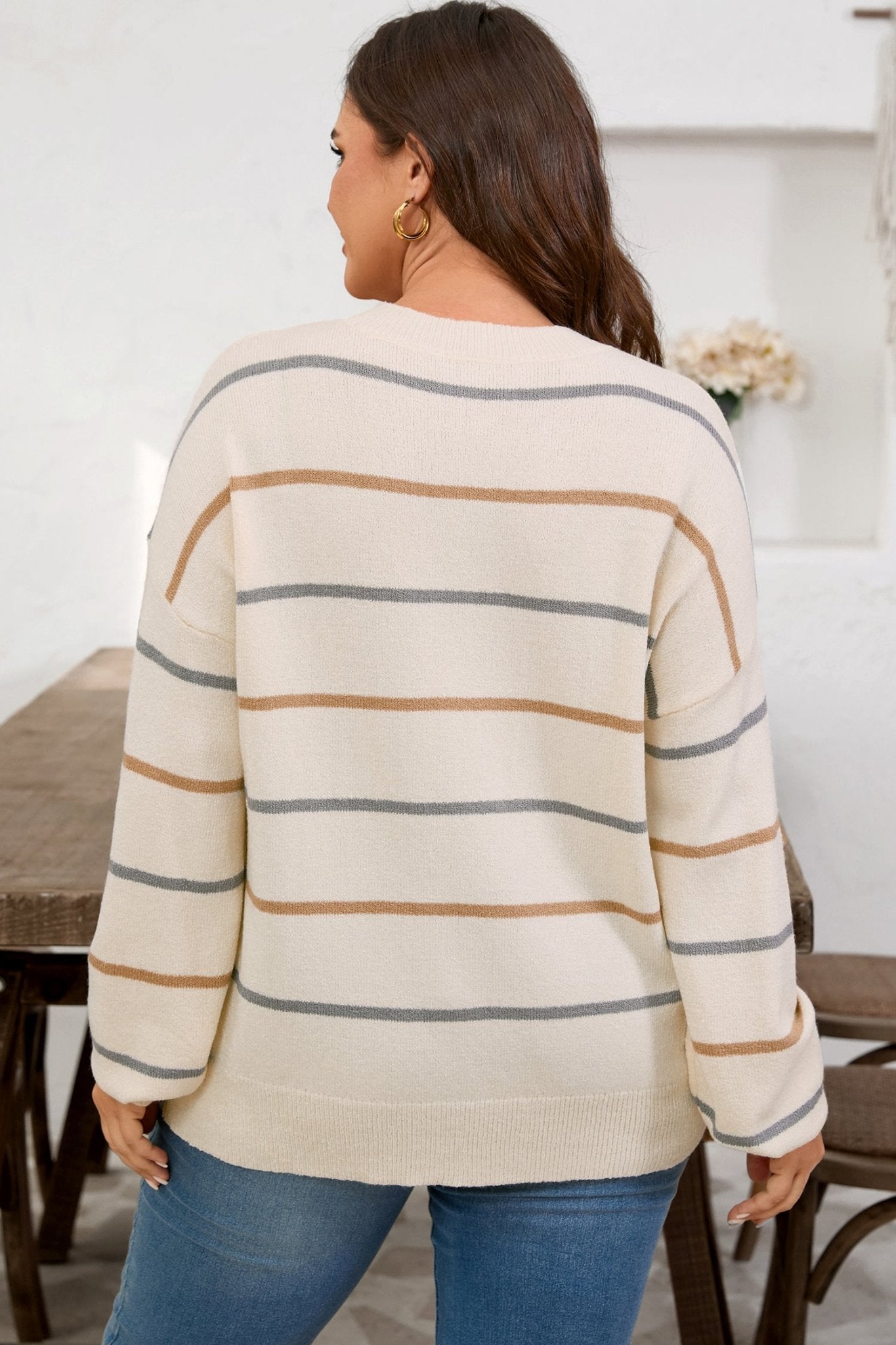Multicolour Striped Drop Shoulder Plus Sweater - Crowned Energy CO.