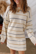 Multicolour Striped Print Drop Shoulder Shift Sweater Mini Dress - Crowned Energy CO.