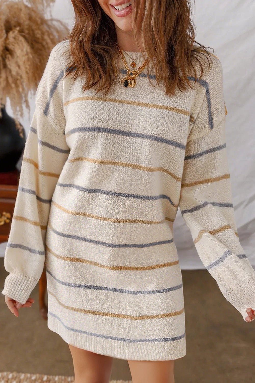 Multicolour Striped Print Drop Shoulder Shift Sweater Mini Dress - Crowned Energy CO.