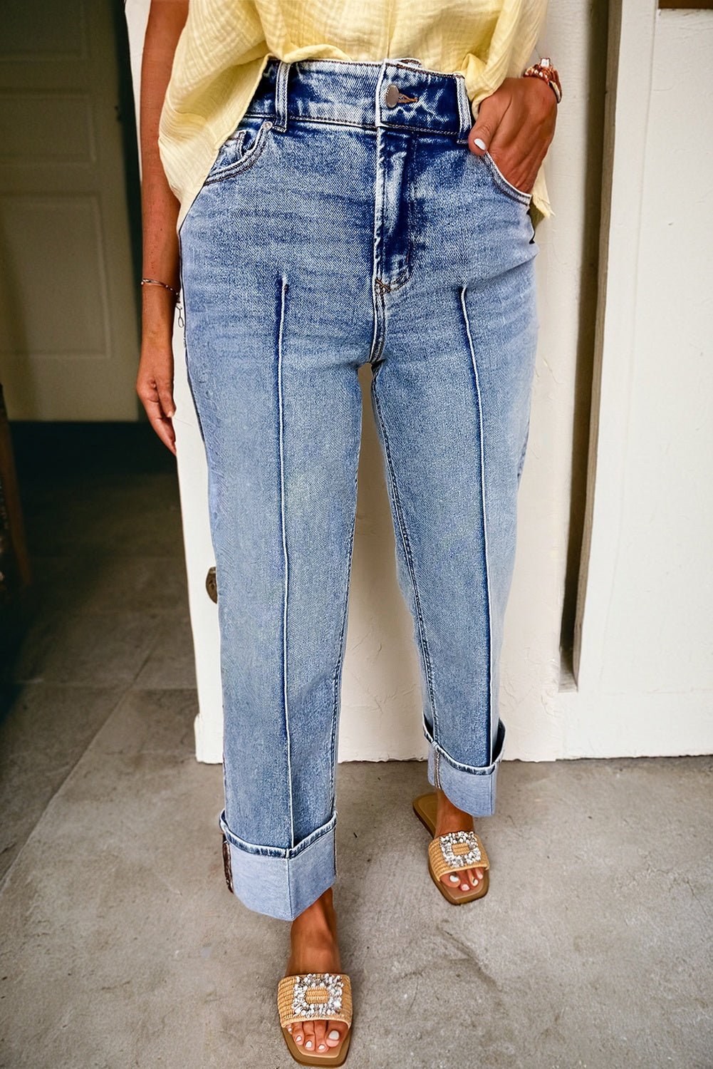 Crowned Energy CO. Myosotis / 4 / 65%Cotton+33%Polyester+2%Elastane Dear-Lover Dropshipping Bottoms/Jeans Myosotis Center Seam Cuffed Hem Straight High Waist Jeans