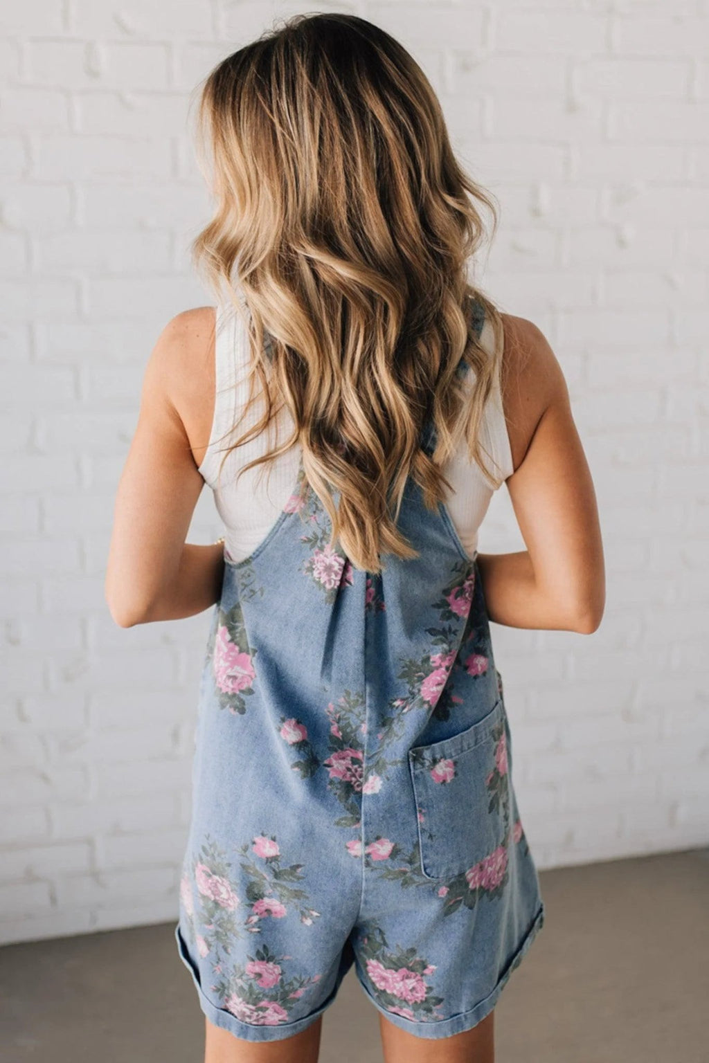 Myosotis Floral Print Denim Shortalls - Crowned Energy CO.