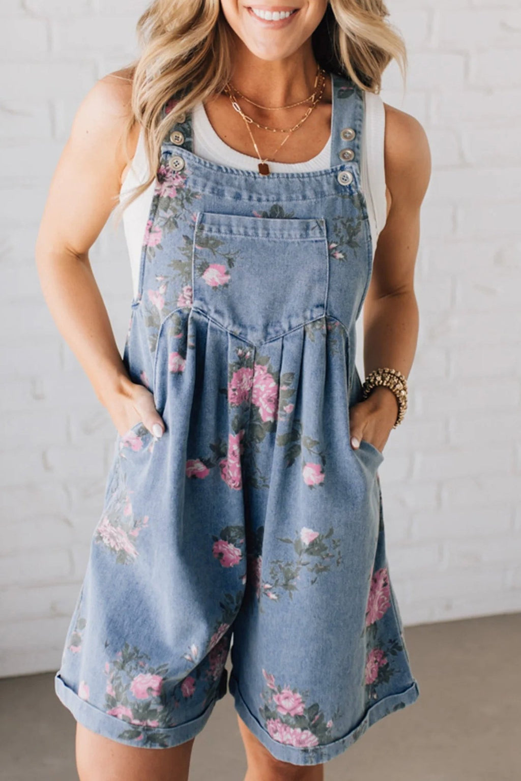 Myosotis Floral Print Denim Shortalls - Crowned Energy CO.