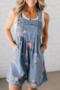 Myosotis Floral Print Denim Shortalls - Crowned Energy CO.