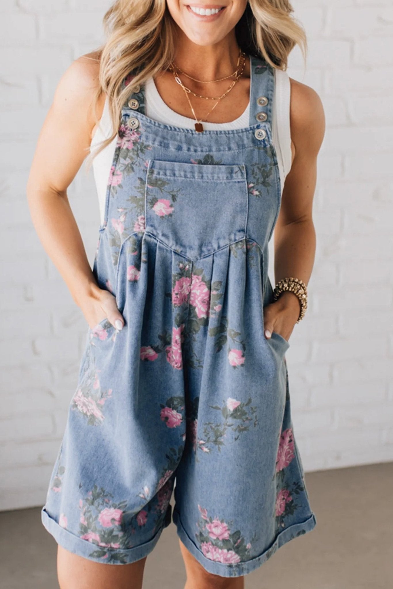 Myosotis Floral Print Denim Shortalls - Crowned Energy CO.