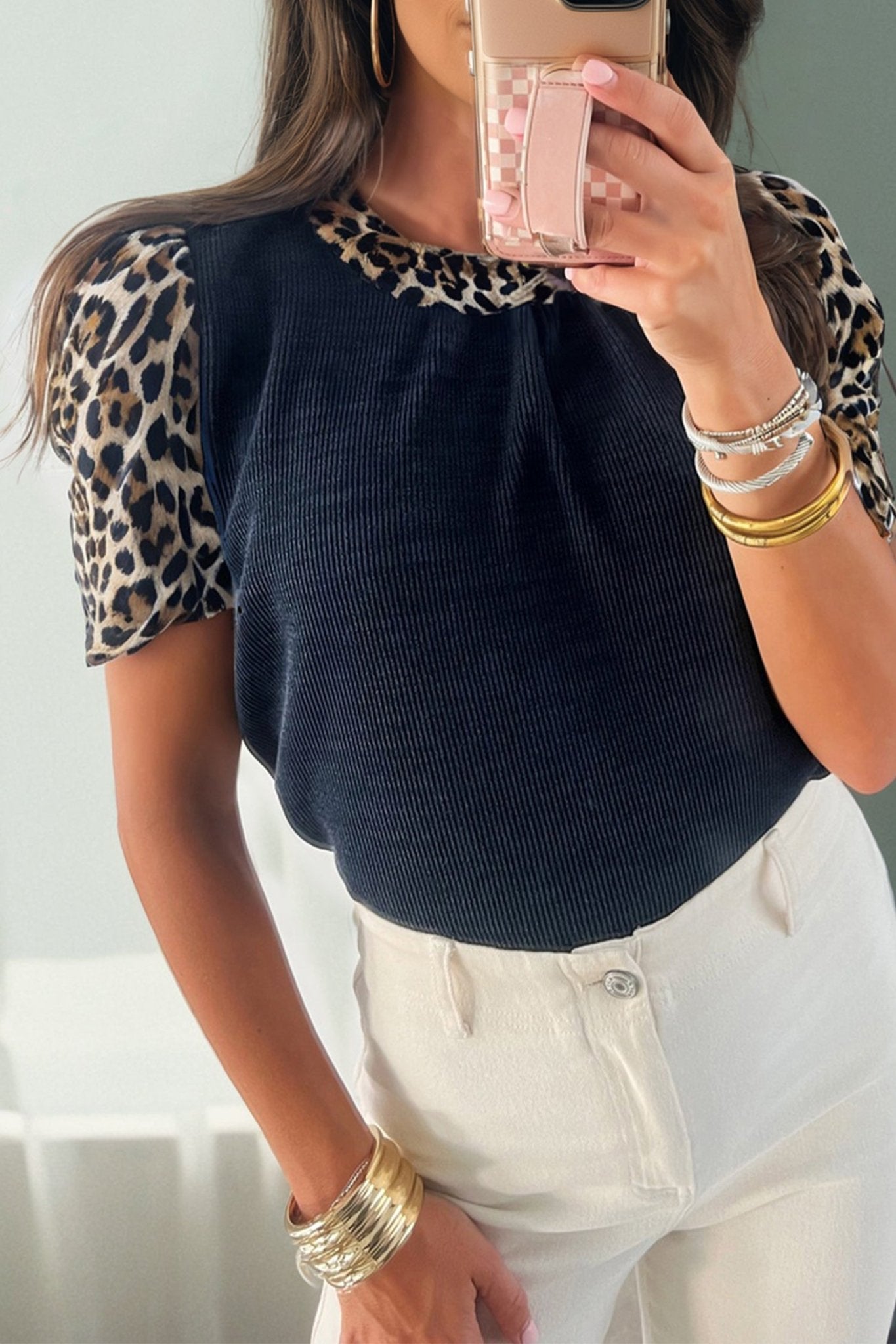 Navy Blue Ribbed Contrast Leopard Patchwork Short Sleeve Top - Crowned Energy CO.