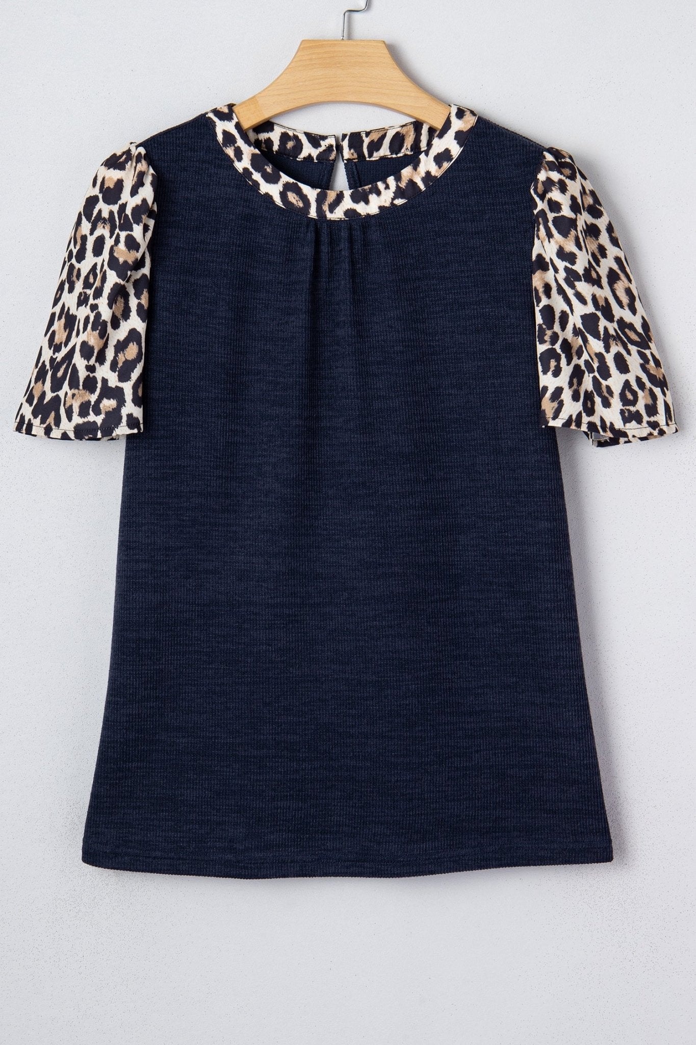 Navy Blue Ribbed Contrast Leopard Patchwork Short Sleeve Top - Crowned Energy CO.