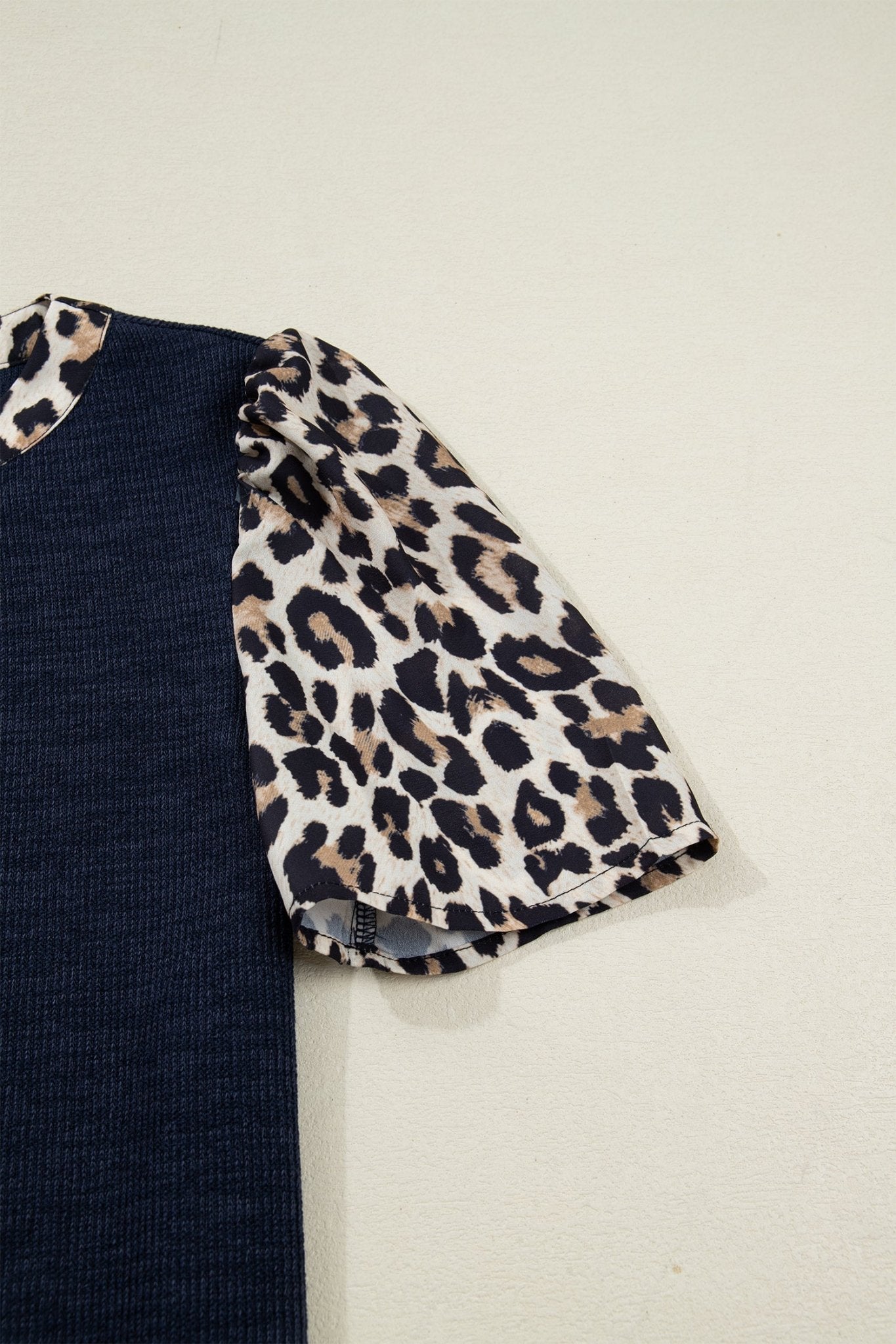 Navy Blue Ribbed Contrast Leopard Patchwork Short Sleeve Top - Crowned Energy CO.